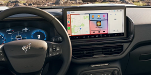 An interior photo of a 2025 Ford Bronco Sport parked on a rocky road near Anderson, Indiana