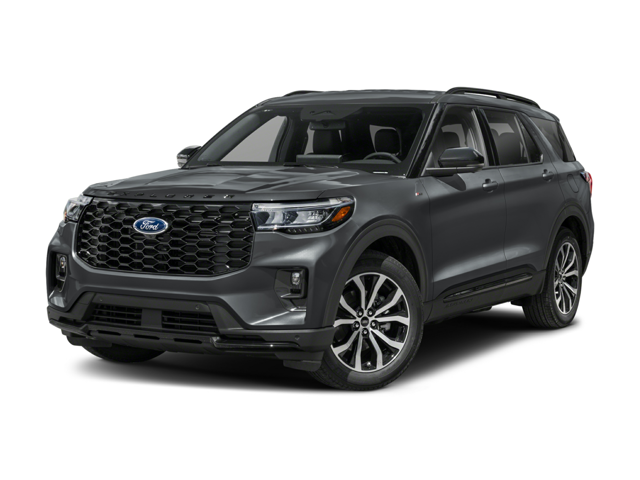 2026 Ford Explorer SUV in gray showcasing its bold front grille, modern styling, and refined exterior design.