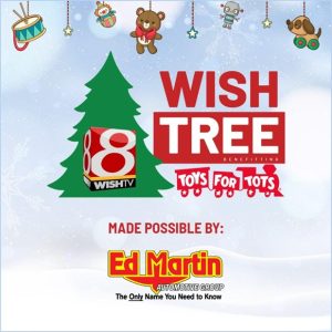 Graphic promoting the Wish Tree event for Toys for Tots with festive decorations.