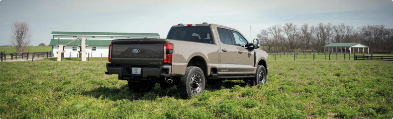 Rear view of a tan Ford Super Duty Crew Cab parked in a farm pasture